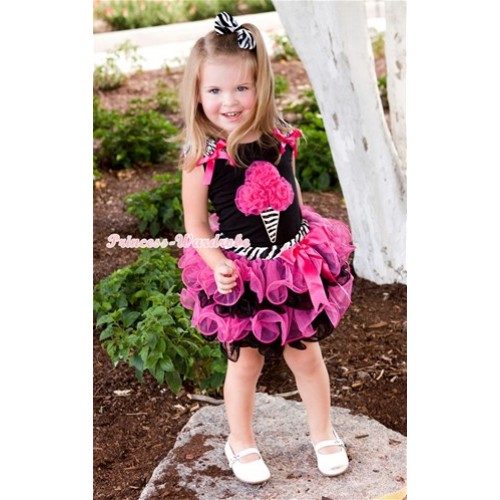 Black Tank Top With Zebra Ruffles & Hot Pink Bow & Hot Pink Rosettes Zebra Ice Cream Print With Hot Pink Bow Zebra Waist Hot Pink Black Petal Pettiskirt MW240 